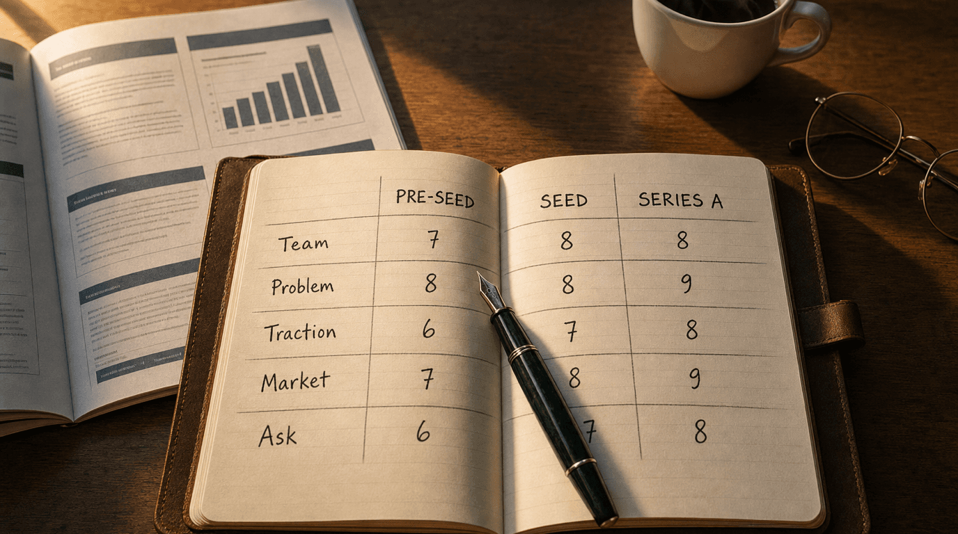 Pitch Deck Scoring by Stage — Pre-seed to Series A